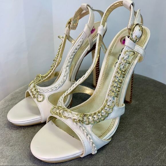 Bebe White strappy Leather with gold ring chain detail sandal high heels Sz 8.5 - Picture 7 of 7